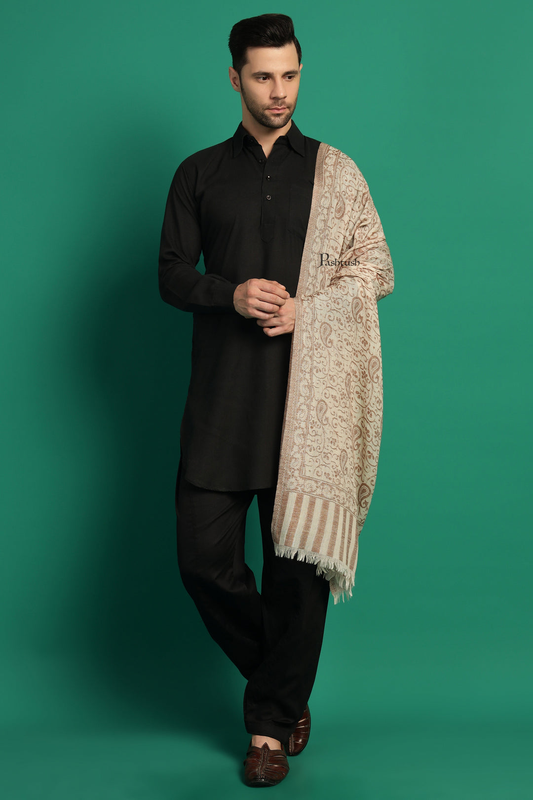 Pashtush India Mens Scarves Stoles and Mufflers Pashtush Mens 100% Pure Wool With Woolmark Certificate Stole, Paisley Design, Ivory