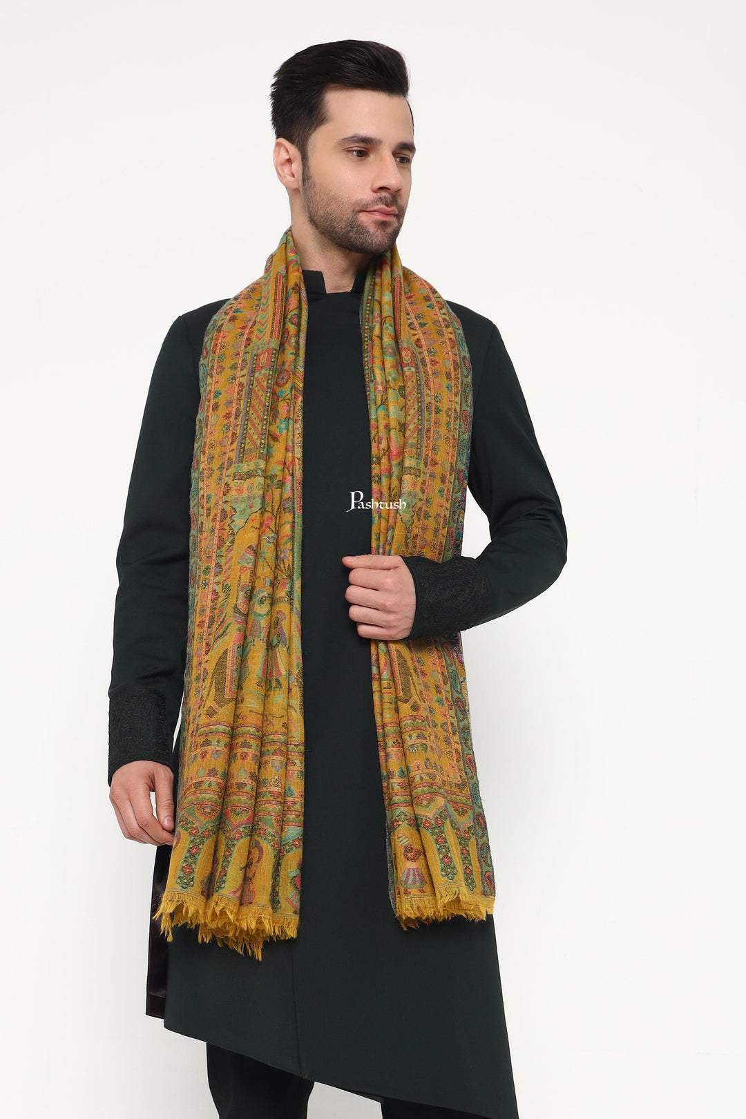 Pashtush India Mens Scarves Stoles and Mufflers Pashtush Mens 100% Pure Wool With Woolmark Certificate Stole, Paisley Design, Mustard