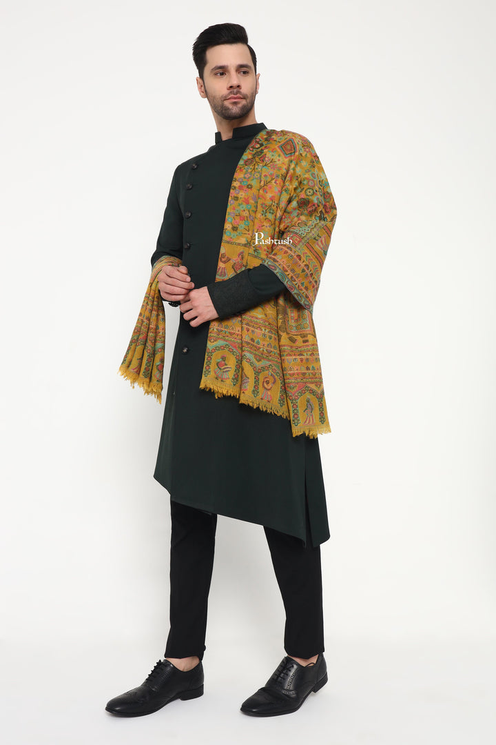 Pashtush India Mens Scarves Stoles and Mufflers Pashtush Mens 100% Pure Wool With Woolmark Certificate Stole, Paisley Design, Mustard