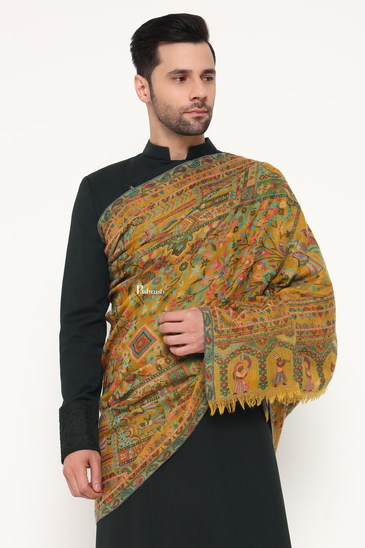 Pashtush India Mens Scarves Stoles and Mufflers Pashtush Mens 100% Pure Wool With Woolmark Certificate Stole, Paisley Design, Mustard