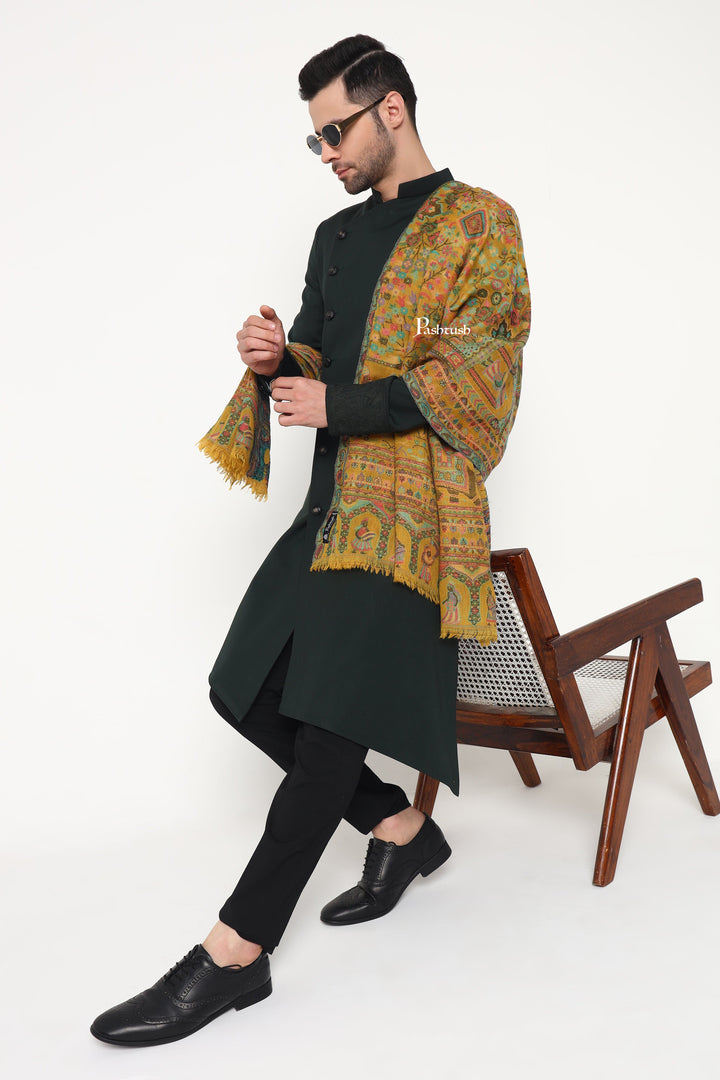 Pashtush India Mens Scarves Stoles and Mufflers Pashtush Mens 100% Pure Wool With Woolmark Certificate Stole, Paisley Design, Mustard