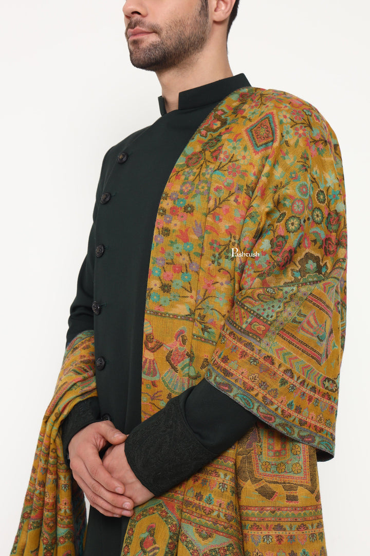Pashtush India Mens Scarves Stoles and Mufflers Pashtush Mens 100% Pure Wool With Woolmark Certificate Stole, Paisley Design, Mustard