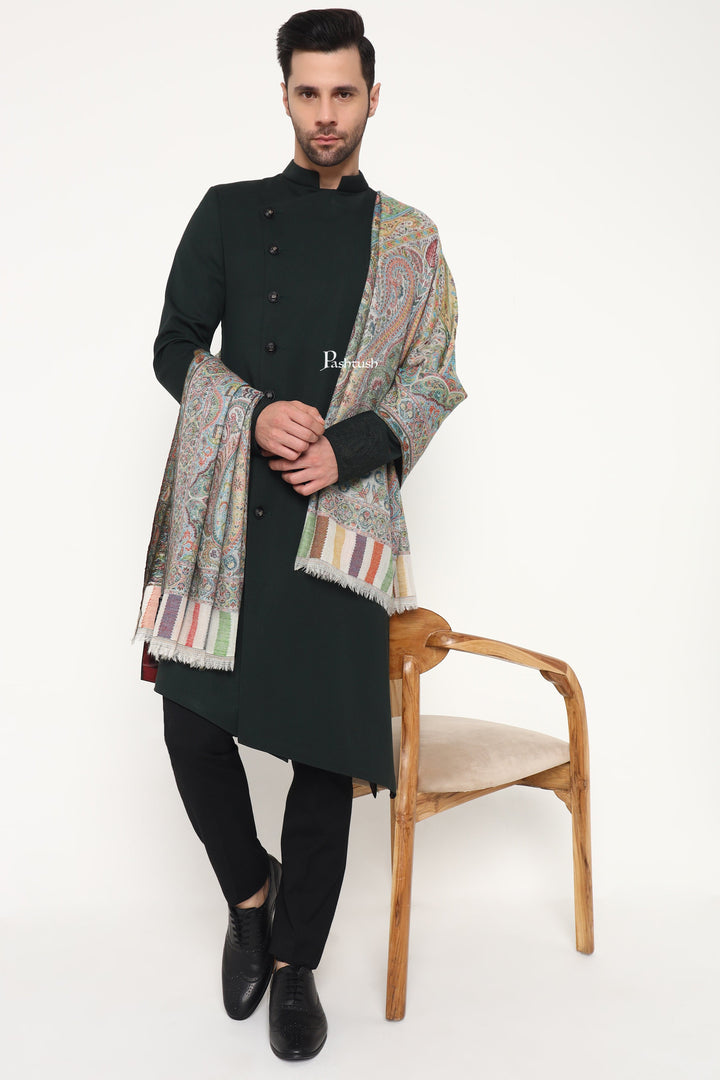 Pashtush India Mens Scarves Stoles and Mufflers Pashtush Mens 100% Pure Wool With Woolmark Certificate Stole, Paisley Palla Design, Ivory