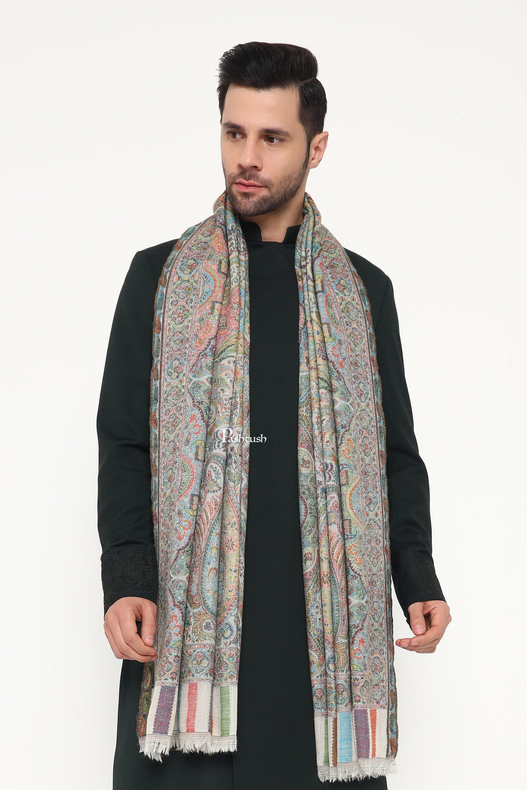 Pashtush India Mens Scarves Stoles and Mufflers Pashtush Mens 100% Pure Wool With Woolmark Certificate Stole, Paisley Palla Design, Ivory
