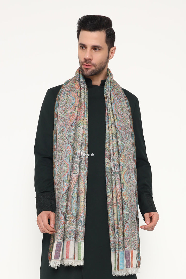 Pashtush India Mens Scarves Stoles and Mufflers Pashtush Mens 100% Pure Wool With Woolmark Certificate Stole, Paisley Palla Design, Ivory