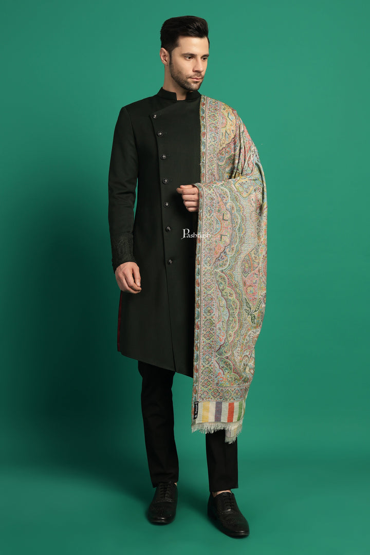 Pashtush India Mens Scarves Stoles and Mufflers Pashtush Mens 100% Pure Wool With Woolmark Certificate Stole, Paisley Palla Design, Ivory