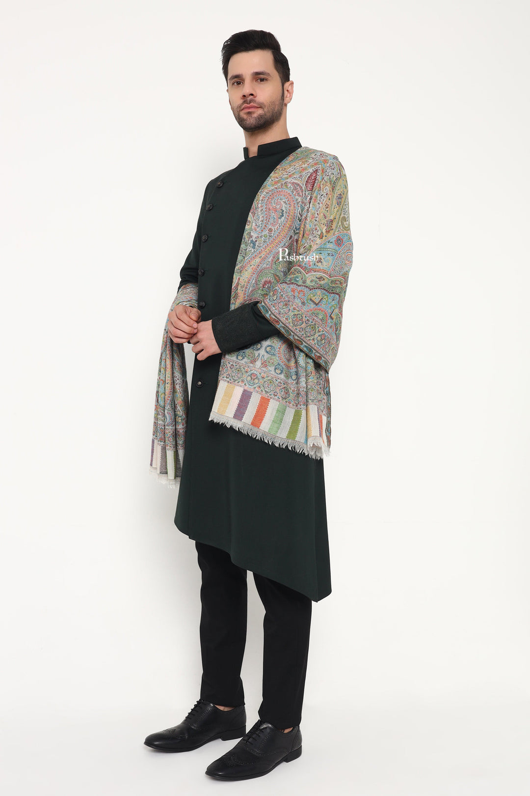 Pashtush India Mens Scarves Stoles and Mufflers Pashtush Mens 100% Pure Wool With Woolmark Certificate Stole, Paisley Palla Design, Ivory