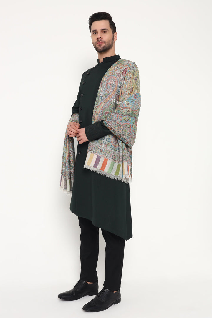 Pashtush India Mens Scarves Stoles and Mufflers Pashtush Mens 100% Pure Wool With Woolmark Certificate Stole, Paisley Palla Design, Ivory