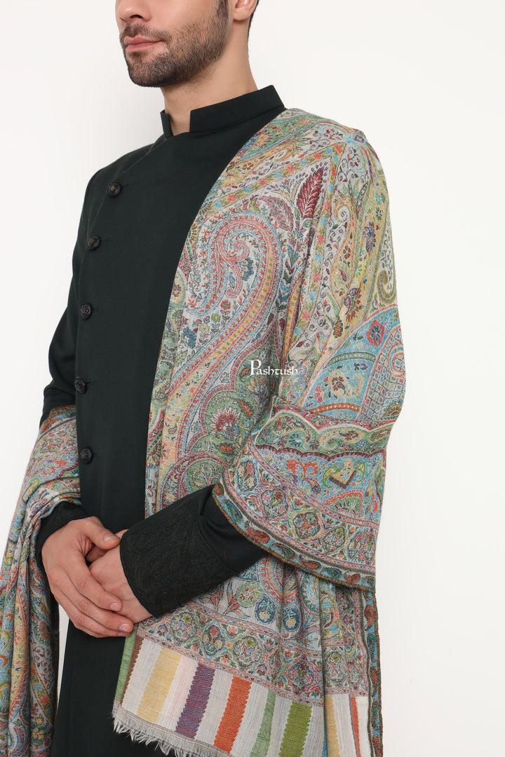 Pashtush India Mens Scarves Stoles and Mufflers Pashtush Mens 100% Pure Wool With Woolmark Certificate Stole, Paisley Palla Design, Ivory