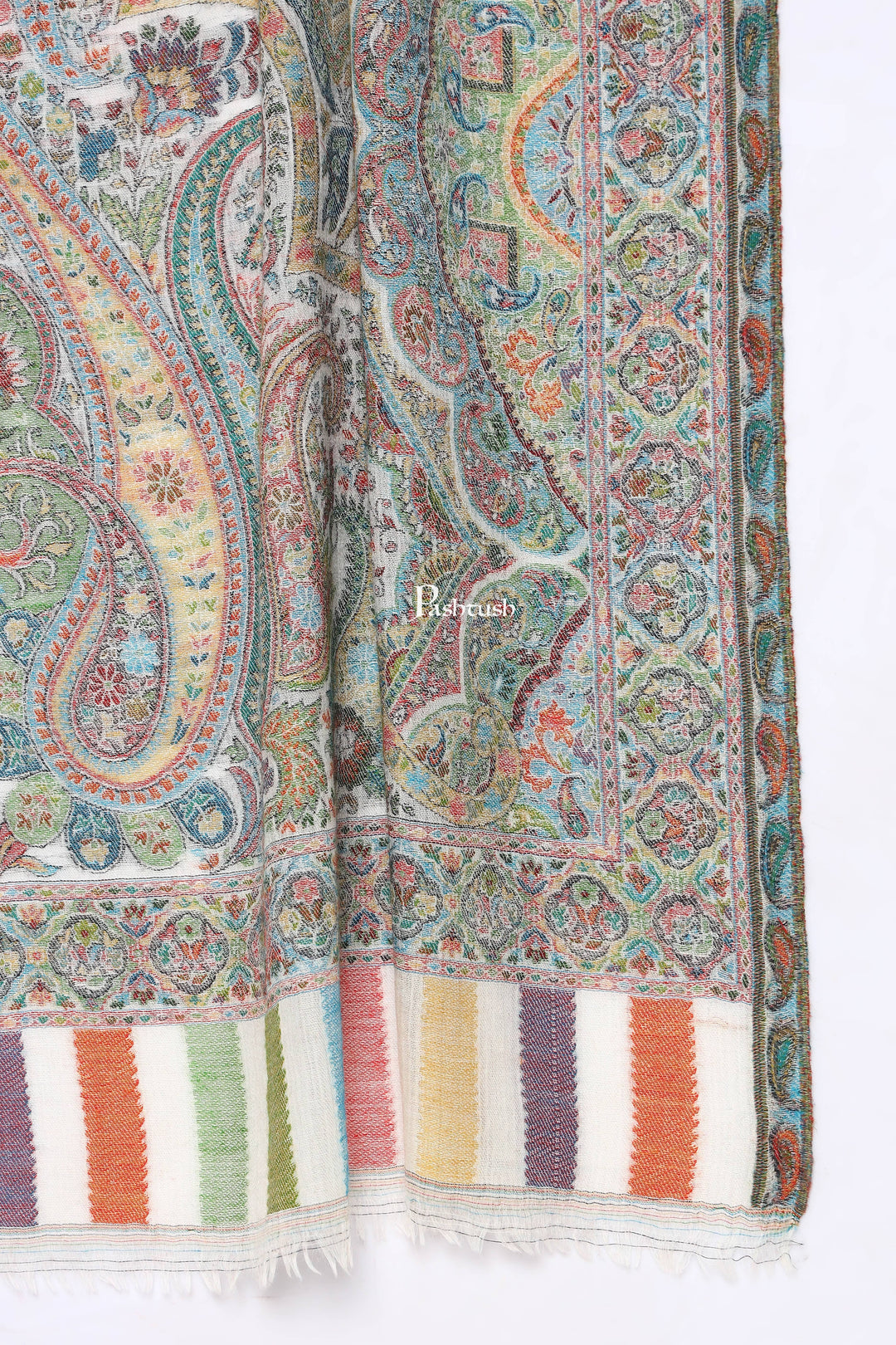 Pashtush India Mens Scarves Stoles and Mufflers Pashtush Mens 100% Pure Wool With Woolmark Certificate Stole, Paisley Palla Design, Ivory