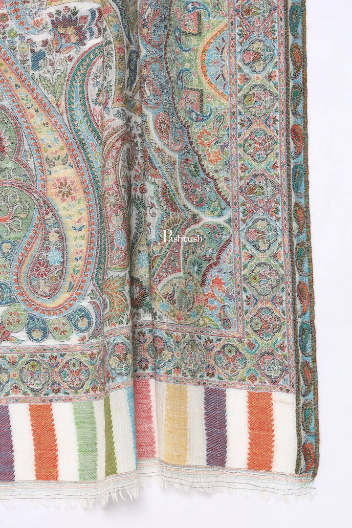 Pashtush India Mens Scarves Stoles and Mufflers Pashtush Mens 100% Pure Wool With Woolmark Certificate Stole, Paisley Palla Design, Ivory