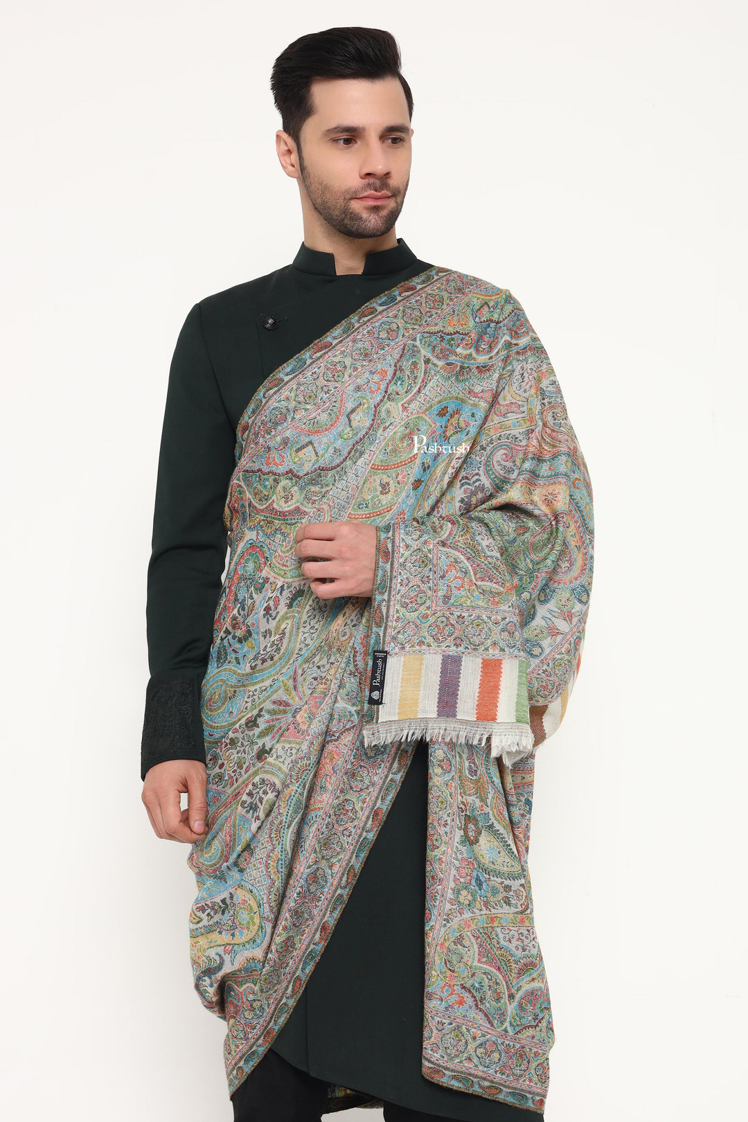 Pashtush India Mens Scarves Stoles and Mufflers Pashtush Mens 100% Pure Wool With Woolmark Certificate Stole, Paisley Palla Design, Ivory
