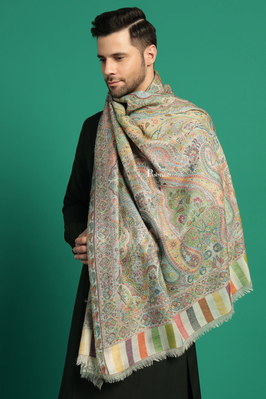 Pashtush India Mens Scarves Stoles and Mufflers Pashtush Mens 100% Pure Wool With Woolmark Certificate Stole, Paisley Palla Design, Ivory