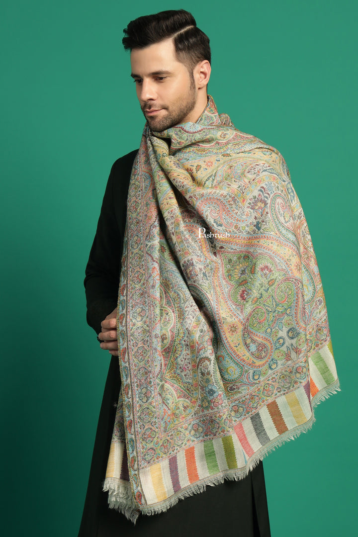 Pashtush India Mens Scarves Stoles and Mufflers Pashtush Mens 100% Pure Wool With Woolmark Certificate Stole, Paisley Palla Design, Ivory