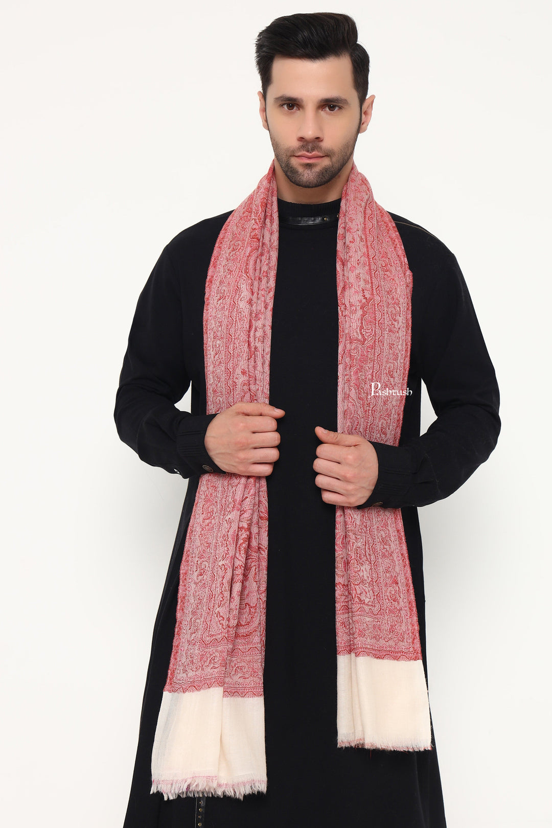 Pashtush India Mens Scarves Stoles and Mufflers Pashtush Mens 100% Pure Wool With Woolmark Certificate Stole, Paisley Weave Design, Ivory
