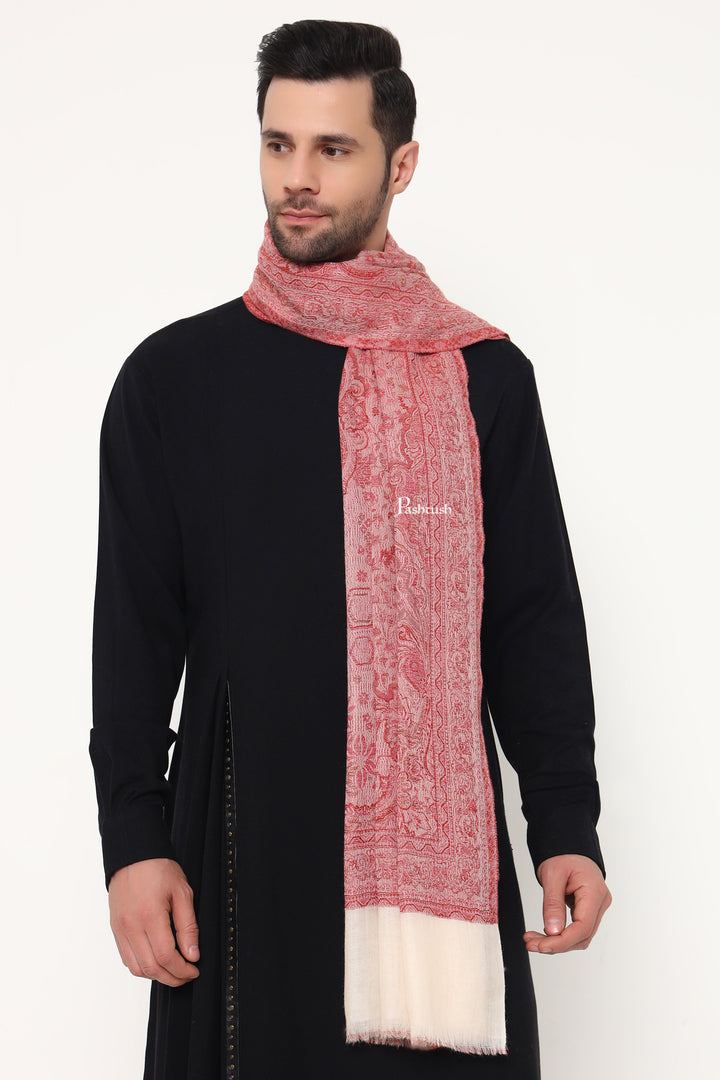 Pashtush India Mens Scarves Stoles and Mufflers Pashtush Mens 100% Pure Wool With Woolmark Certificate Stole, Paisley Weave Design, Ivory