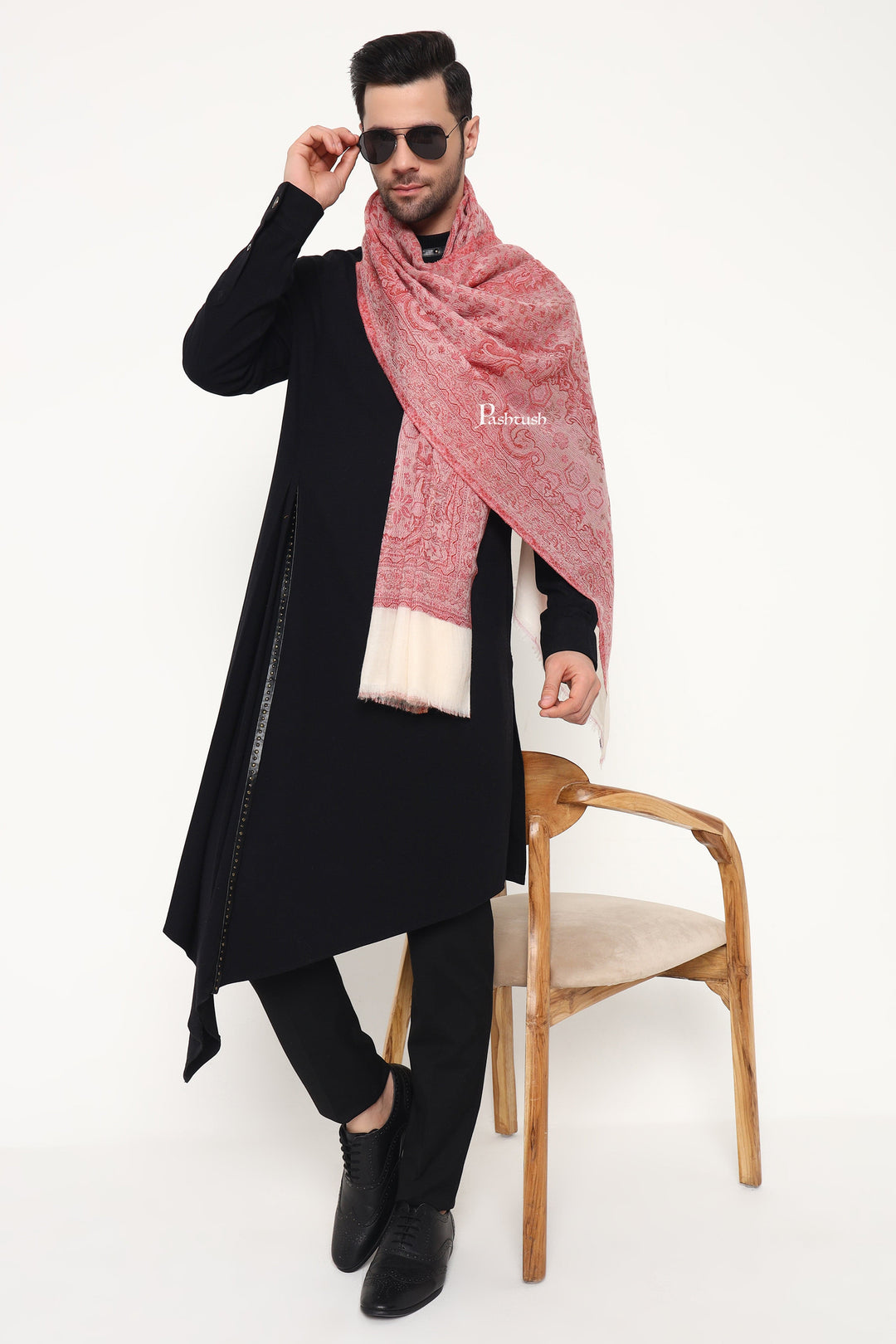 Pashtush India Mens Scarves Stoles and Mufflers Pashtush Mens 100% Pure Wool With Woolmark Certificate Stole, Paisley Weave Design, Ivory