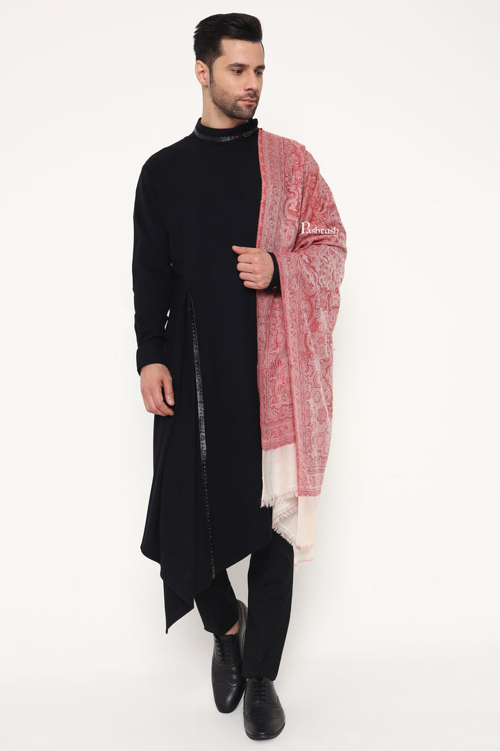 Pashtush India Mens Scarves Stoles and Mufflers Pashtush Mens 100% Pure Wool With Woolmark Certificate Stole, Paisley Weave Design, Ivory