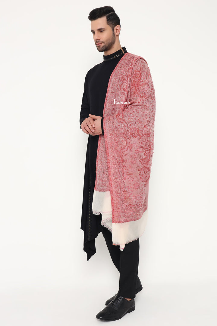 Pashtush India Mens Scarves Stoles and Mufflers Pashtush Mens 100% Pure Wool With Woolmark Certificate Stole, Paisley Weave Design, Ivory