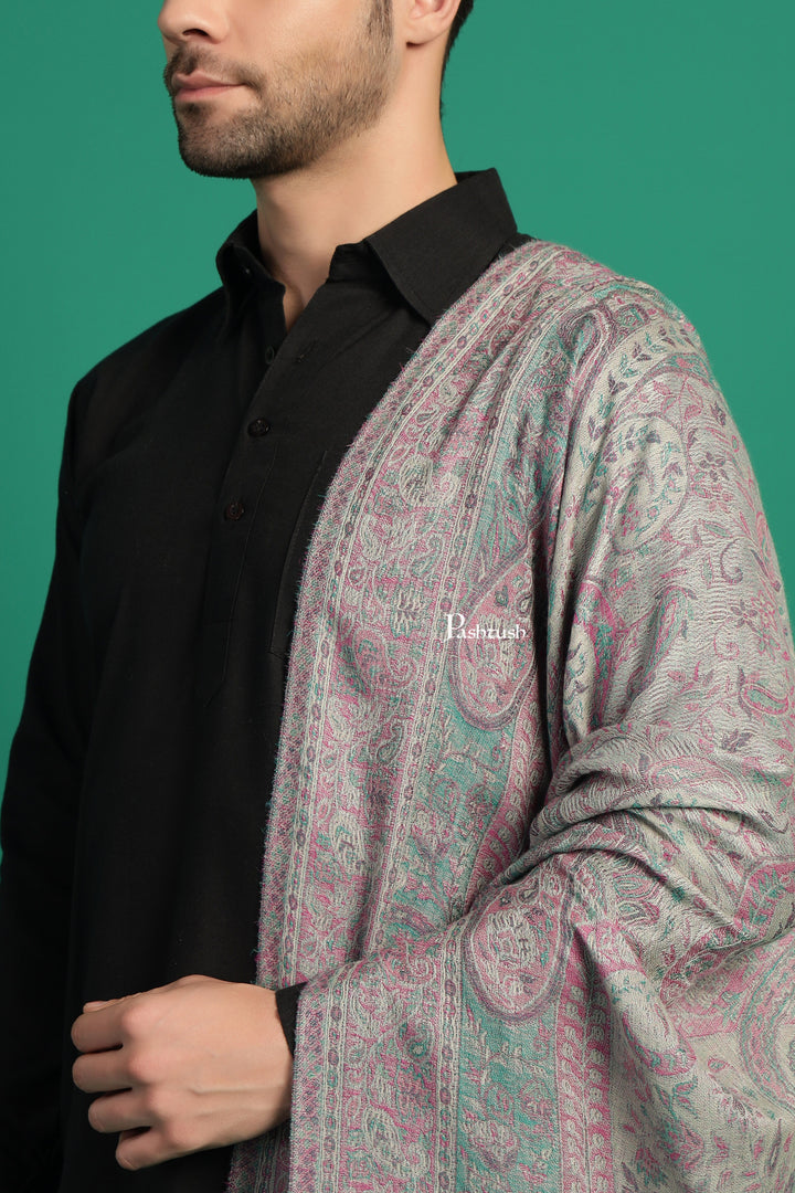 Pashtush India Mens Scarves Stoles and Mufflers Pashtush Mens 100% Pure Wool With Woolmark Certificate Stole, Paisley Weave Design, Ivory