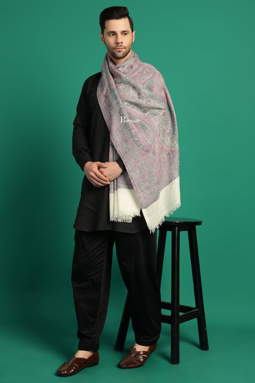 Pashtush India Mens Scarves Stoles and Mufflers Pashtush Mens 100% Pure Wool With Woolmark Certificate Stole, Paisley Weave Design, Ivory