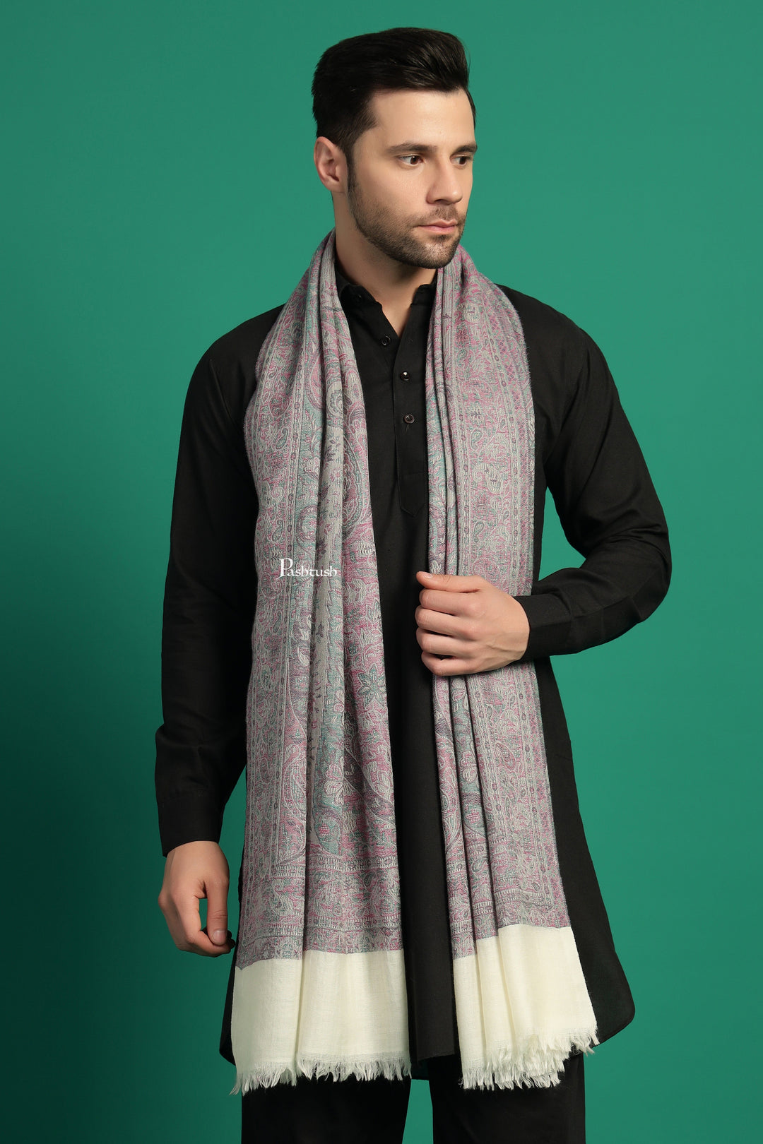 Pashtush India Mens Scarves Stoles and Mufflers Pashtush Mens 100% Pure Wool With Woolmark Certificate Stole, Paisley Weave Design, Ivory