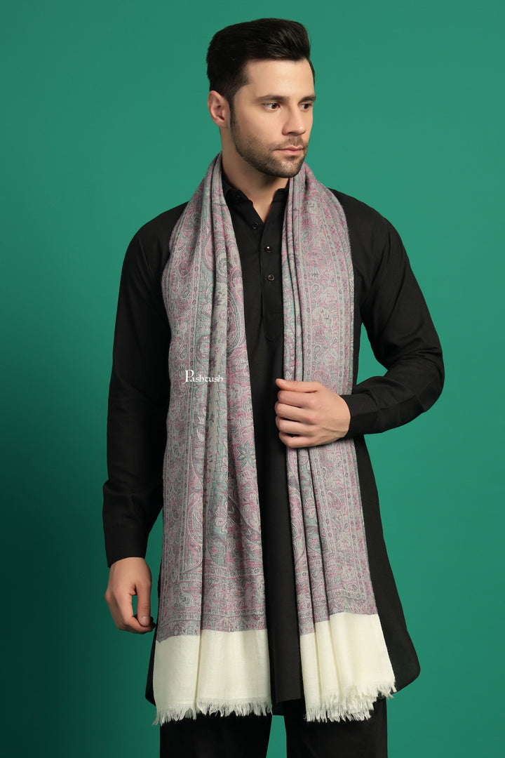 Pashtush India Mens Scarves Stoles and Mufflers Pashtush Mens 100% Pure Wool With Woolmark Certificate Stole, Paisley Weave Design, Ivory