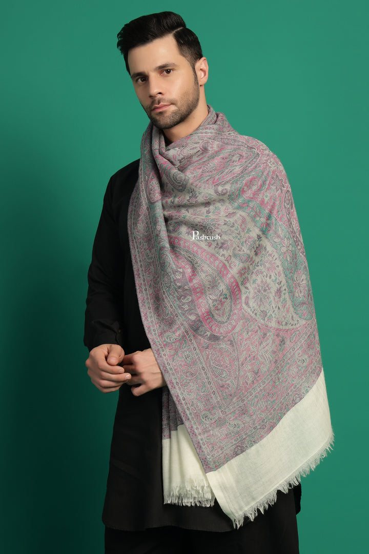 Pashtush India Mens Scarves Stoles and Mufflers Pashtush Mens 100% Pure Wool With Woolmark Certificate Stole, Paisley Weave Design, Ivory