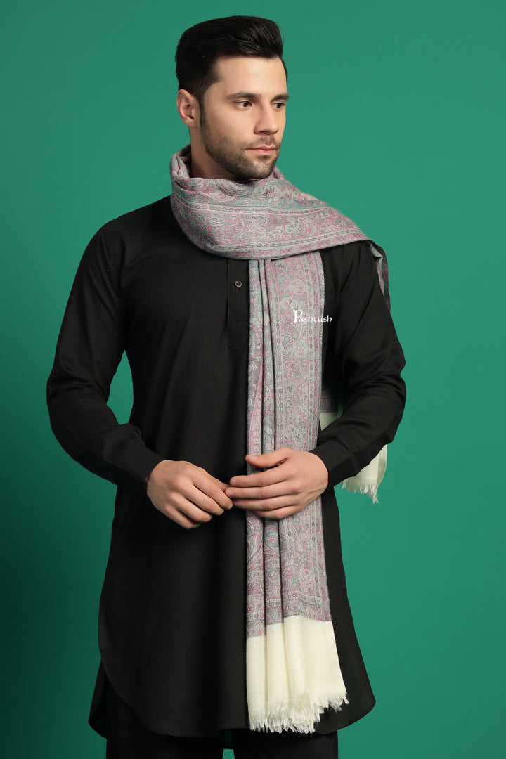 Pashtush India Mens Scarves Stoles and Mufflers Pashtush Mens 100% Pure Wool With Woolmark Certificate Stole, Paisley Weave Design, Ivory