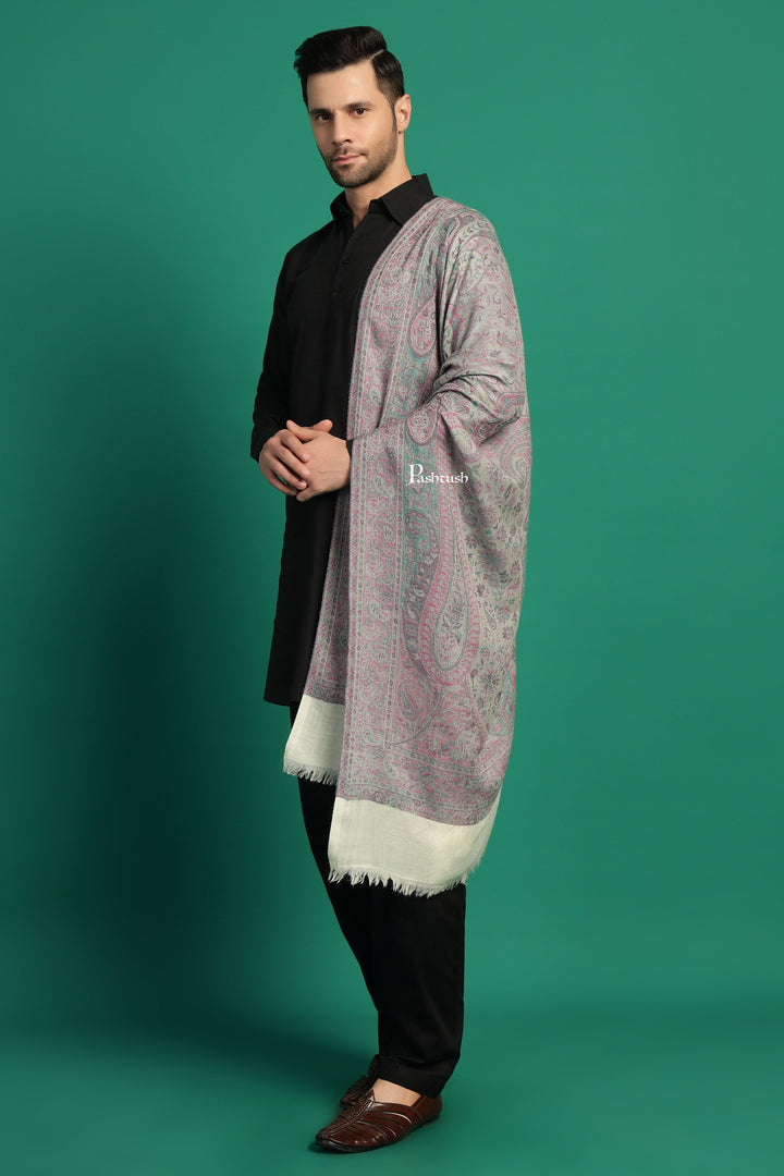 Pashtush India Mens Scarves Stoles and Mufflers Pashtush Mens 100% Pure Wool With Woolmark Certificate Stole, Paisley Weave Design, Ivory