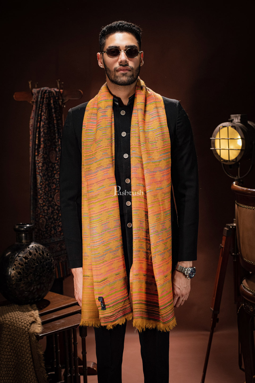 Pashtush India Mens Scarves Stoles and Mufflers Pashtush mens 100% Pure Wool with Woolmark Certificate stole, Reversible design, Mustard