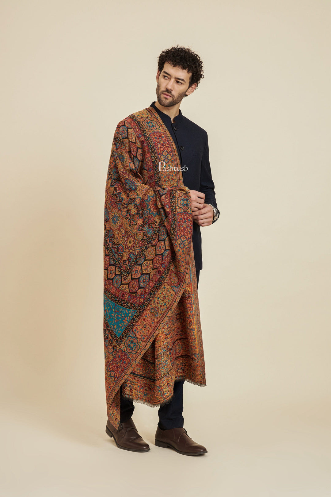 Pashtush India Mens Scarves Stoles and Mufflers Pashtush Mens 100% Pure Wool With Woolmark Certificate Stole, Rich Garden Aesthetic Design, Black