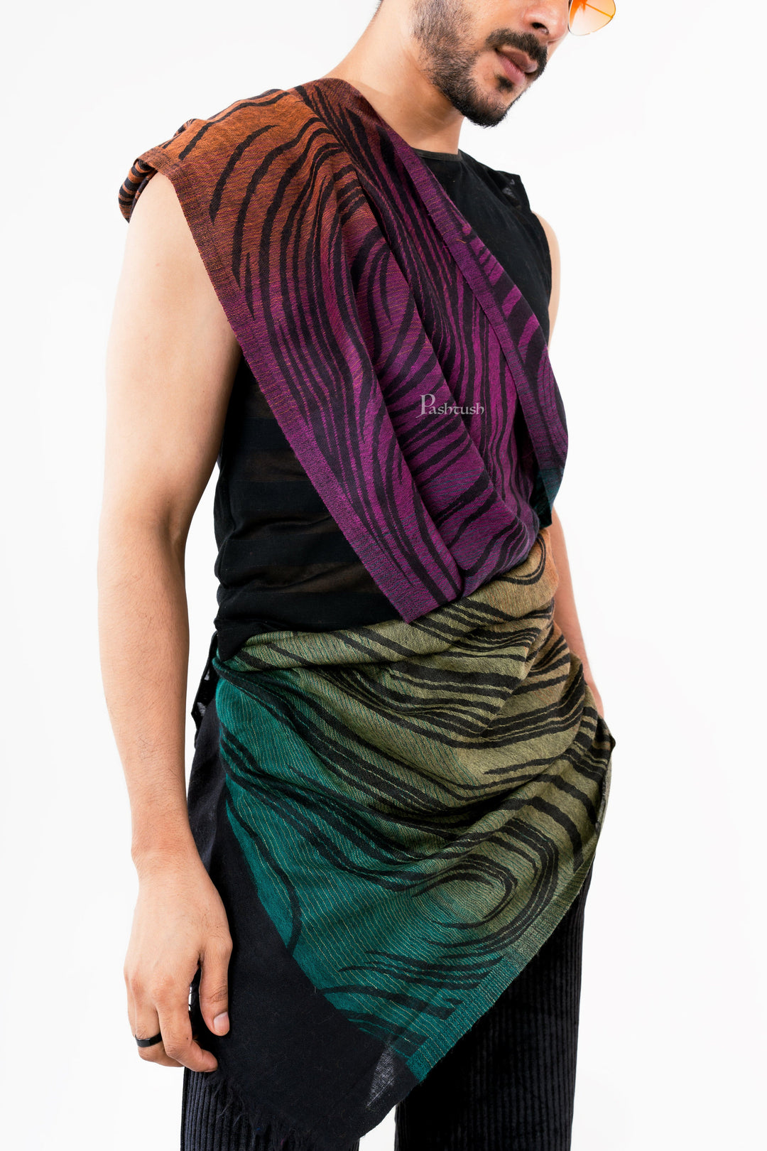 Pashtush India Mens Scarves Stoles and Mufflers Pashtush Mens 100% Pure Wool With Woolmark Certificate Stole, Yaro Slings Dandy Spring Design, Black