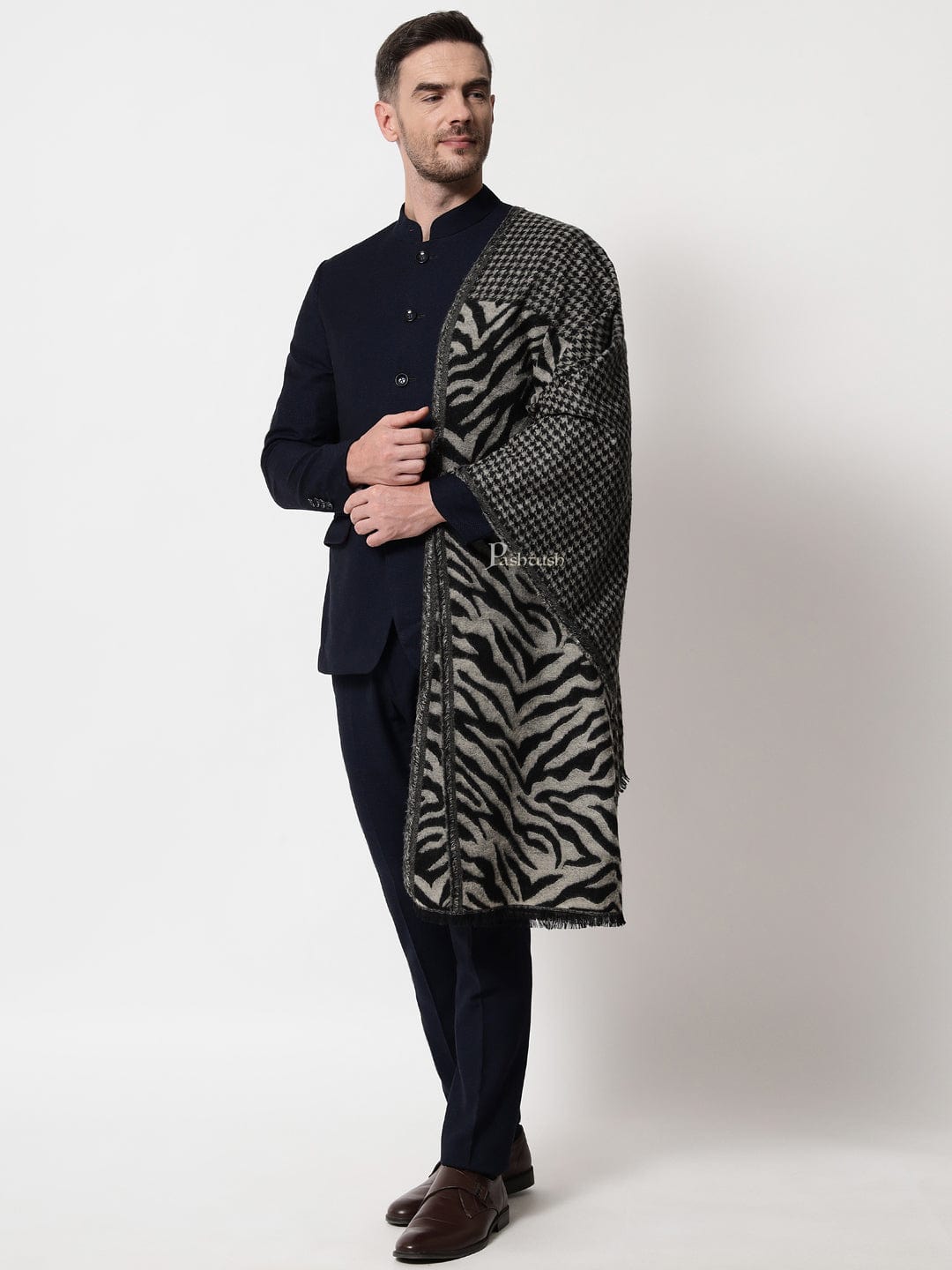 Pashtush India Mens Scarves Stoles and Mufflers Pashtush mens Acro Wool stole, Monotone Wild Stripes design, Black