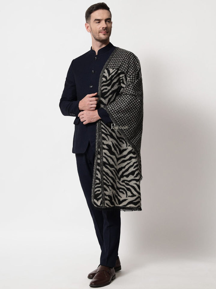 Pashtush India Mens Scarves Stoles and Mufflers Pashtush mens Acro Wool stole, Monotone Wild Stripes design, Black