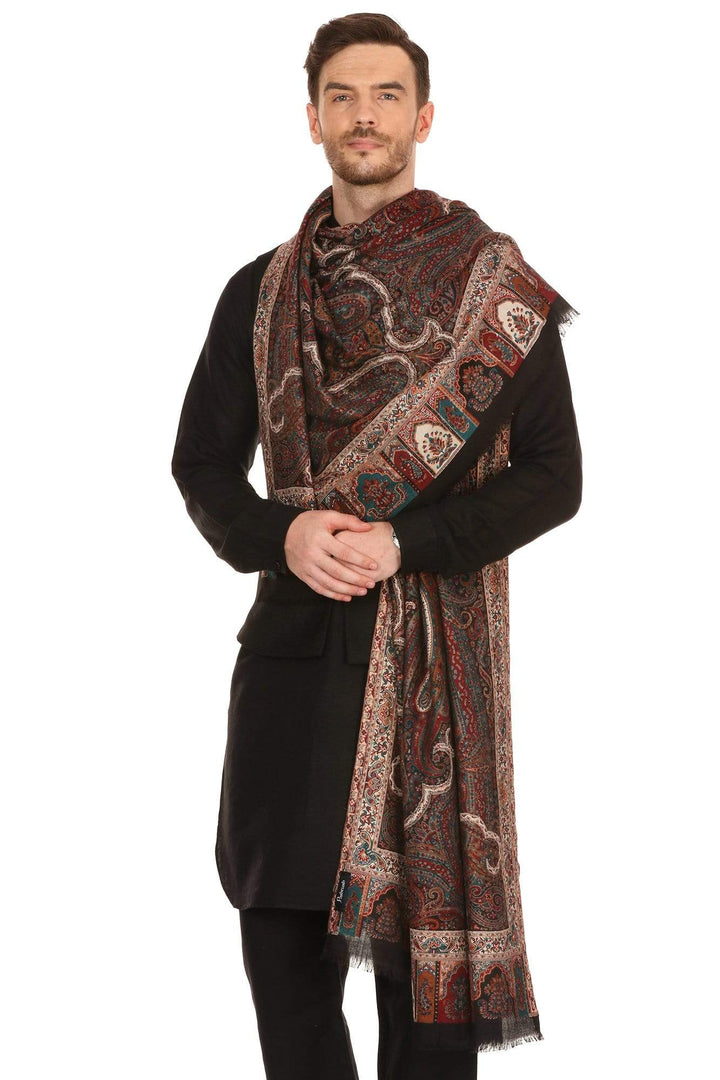 Pashtush Mens Antique Look Heritage Design, Jamawar Stole, Fine Wool