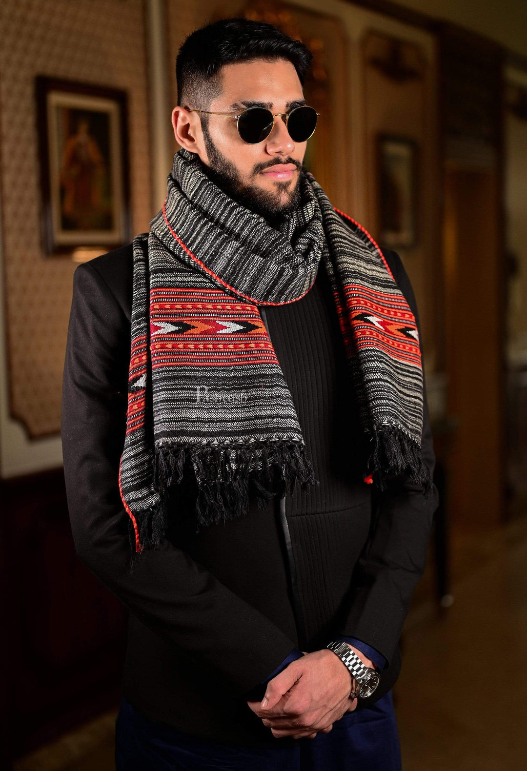 Pashtush India 70x200 Pashtush Mens Aztec Wool, Authentic 100% Handwoven Stole, Extra Warm, grey