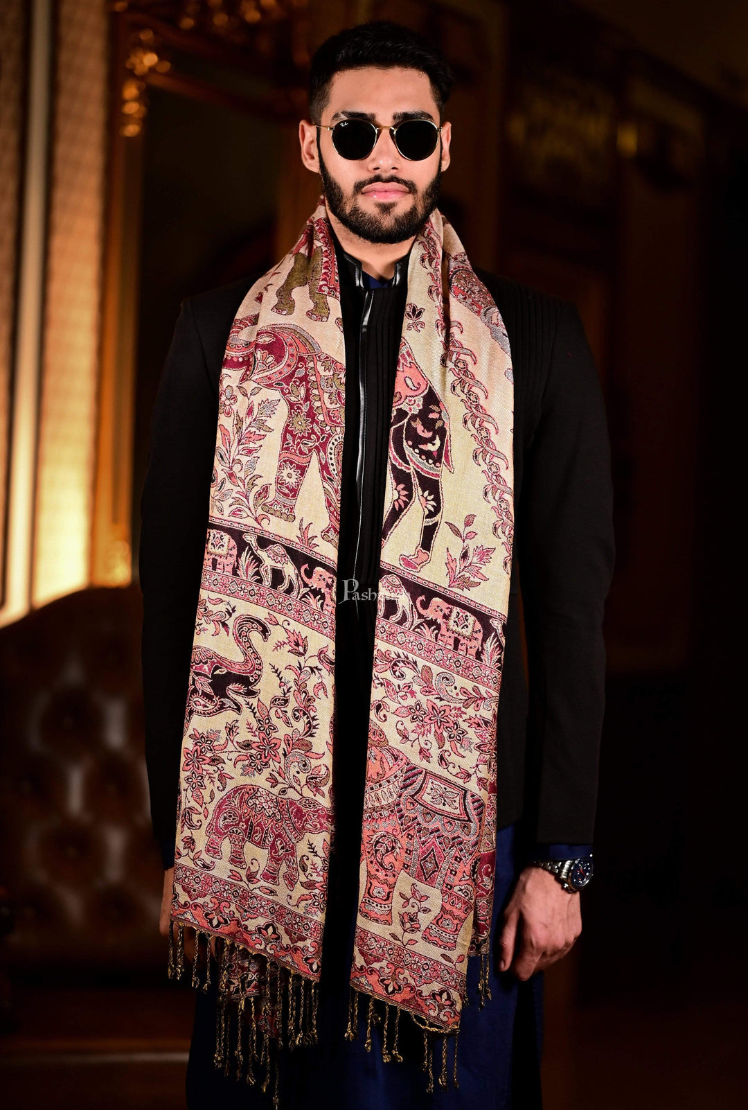 Pashtush India 70x200 Pashtush Mens Bamboo Reversible Muffler Tribal elephants