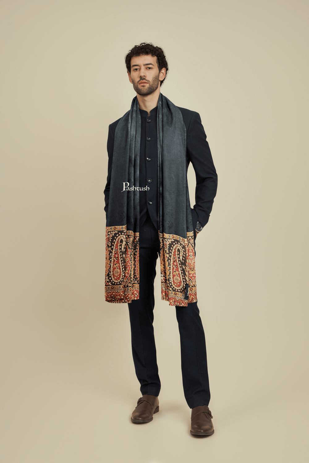 Pashtush India womens scarf and Stoles Pashtush Mens Bamboo Scarf, Woven Paisley Soft And Natural, Black