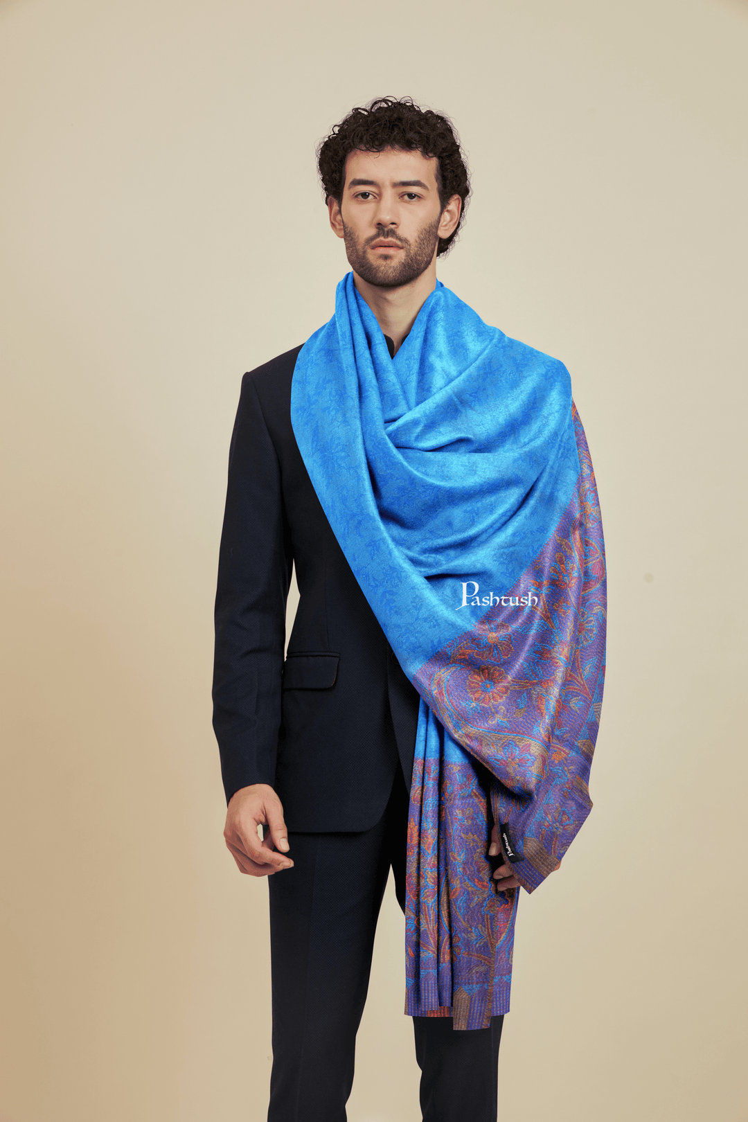 Pashtush India Mens scarf and Stoles Pashtush Mens Bamboo Scarf, Woven Paisley Soft And Natural, Navy Blue