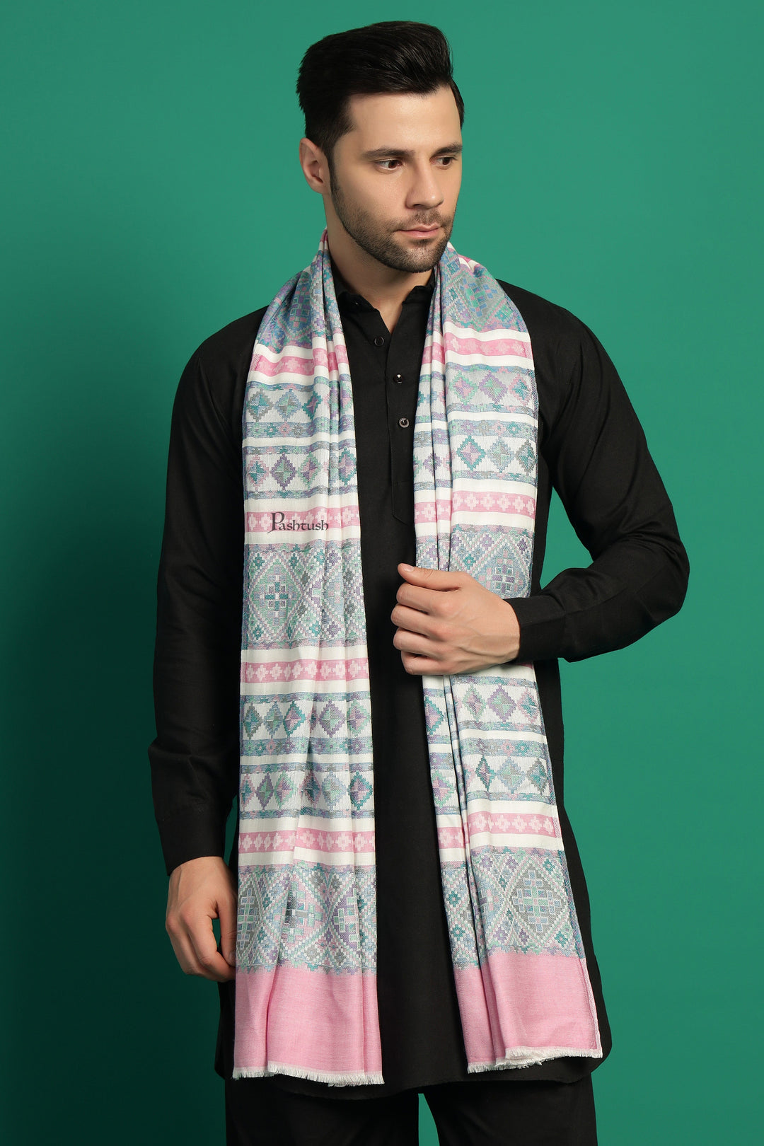 Pashtush India Mens Scarves Stoles and Mufflers Pashtush Mens Bamboo Stole, Aztec Weave Design, Blue Pink