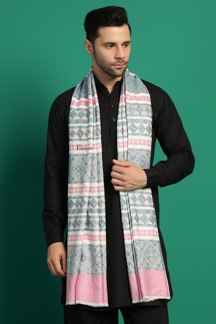 Pashtush India Mens Scarves Stoles and Mufflers Pashtush Mens Bamboo Stole, Aztec Weave Design, Blue Pink