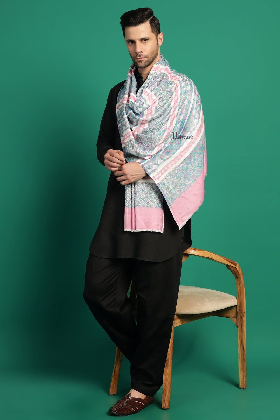 Pashtush India Mens Scarves Stoles and Mufflers Pashtush Mens Bamboo Stole, Aztec Weave Design, Blue Pink
