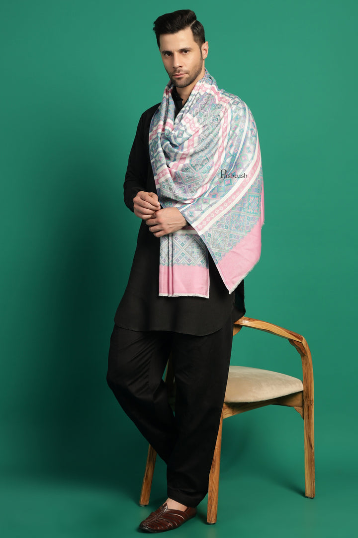 Pashtush India Mens Scarves Stoles and Mufflers Pashtush Mens Bamboo Stole, Aztec Weave Design, Blue Pink