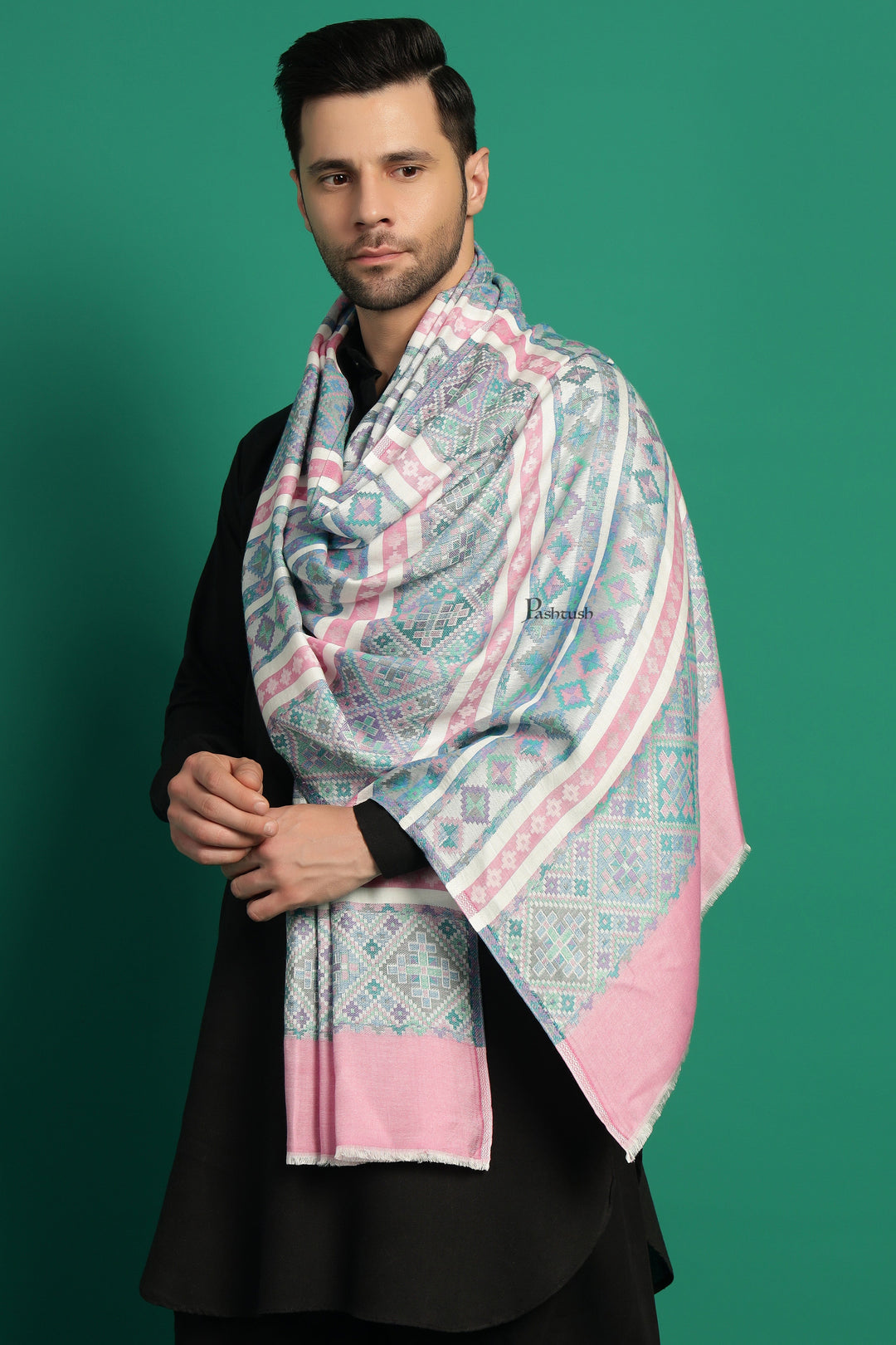 Pashtush India Mens Scarves Stoles and Mufflers Pashtush Mens Bamboo Stole, Aztec Weave Design, Blue Pink