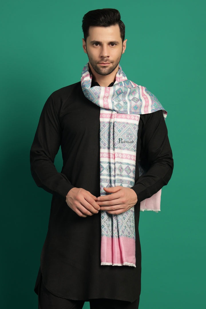 Pashtush India Mens Scarves Stoles and Mufflers Pashtush Mens Bamboo Stole, Aztec Weave Design, Blue Pink