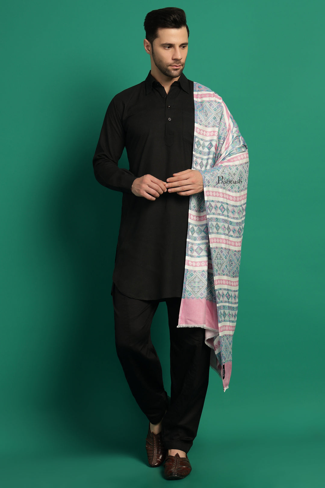 Pashtush India Mens Scarves Stoles and Mufflers Pashtush Mens Bamboo Stole, Aztec Weave Design, Blue Pink