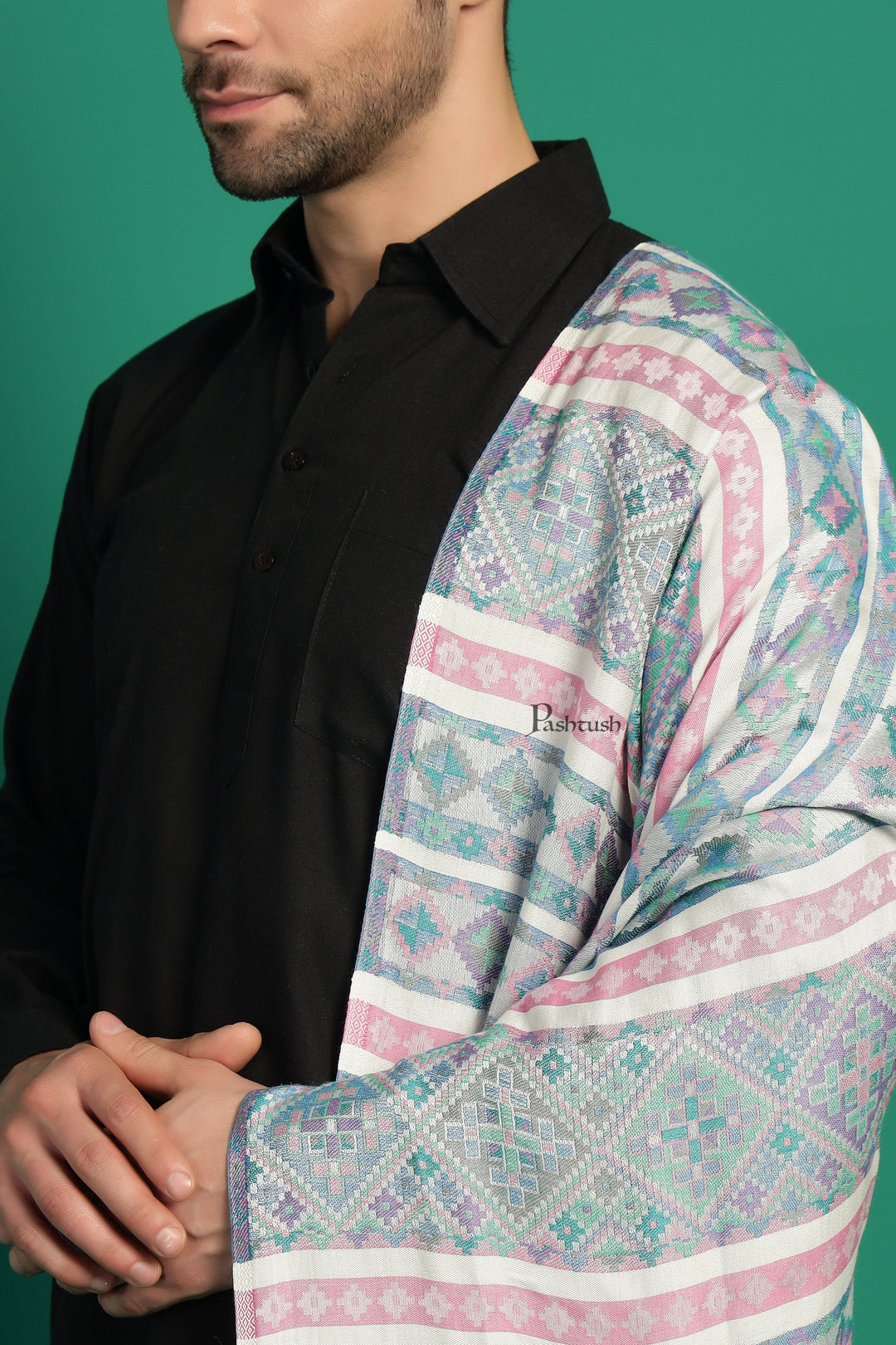 Pashtush India Mens Scarves Stoles and Mufflers Pashtush Mens Bamboo Stole, Aztec Weave Design, Blue Pink