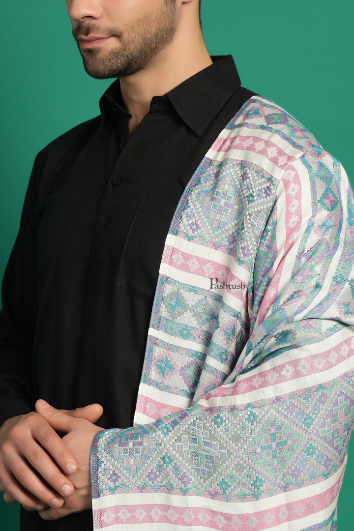 Pashtush India Mens Scarves Stoles and Mufflers Pashtush Mens Bamboo Stole, Aztec Weave Design, Blue Pink
