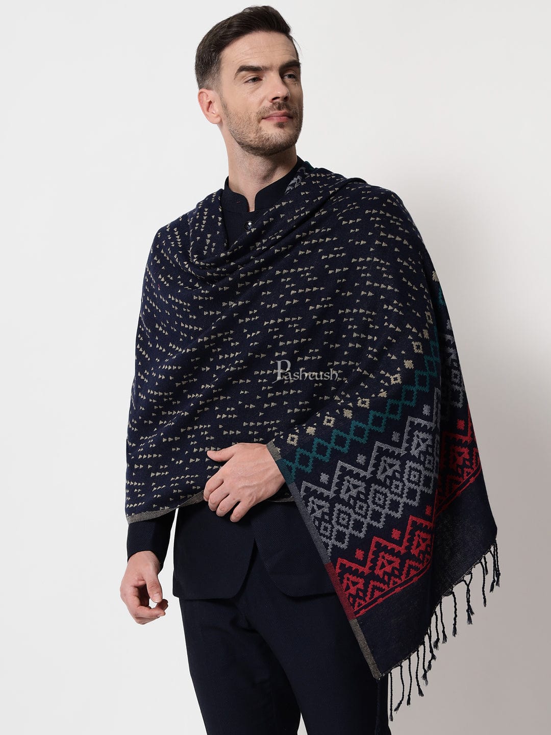 Pashtush India Mens Scarves Stoles and Mufflers Pashtush mens Bamboo stole, Aztec Weave, Reversible design, Blue